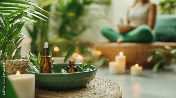 Obraz A green-themed mindfulness zone where a woman prepares for self-care with essential oils, evoking peace, optimism, for branding studios and wellness apps