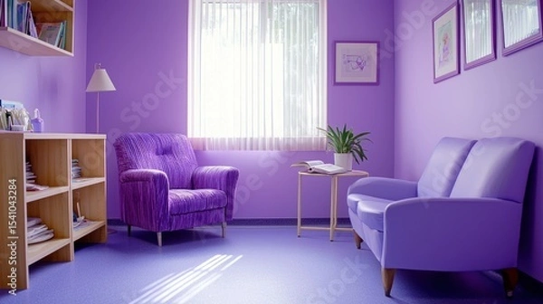 Obraz A lavender quiet room where a nurse reads a self-care book, calm and formal, great for educational platforms
