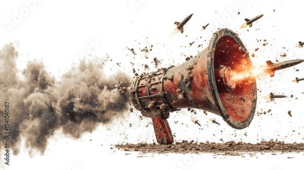 Fototapeta Abstract photo megaphone attack rockets missiles military war rhetoric speech of hate combat conflict isolated on white background. Enemy talk concept idea