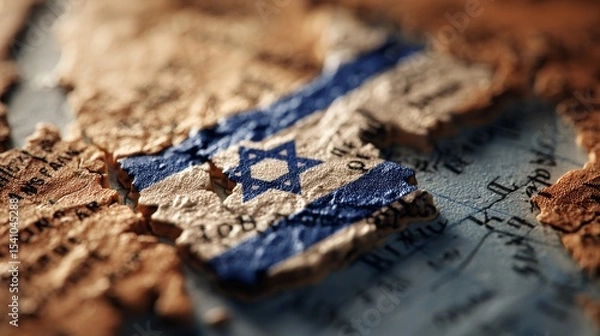 Fototapeta Flag of Israel closeup on the map The capital Jerusalem Closeup of the world map Israel