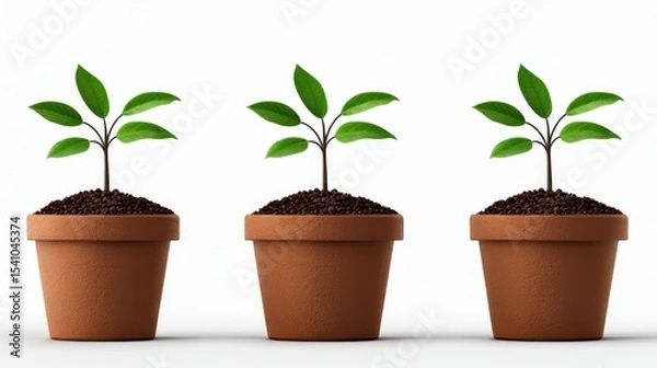 Obraz Three Young Green Plants in Brown Pots on White Background