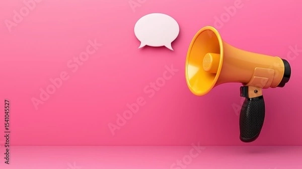 Obraz Yellow Megaphone and White Speech Bubble on Pink Background