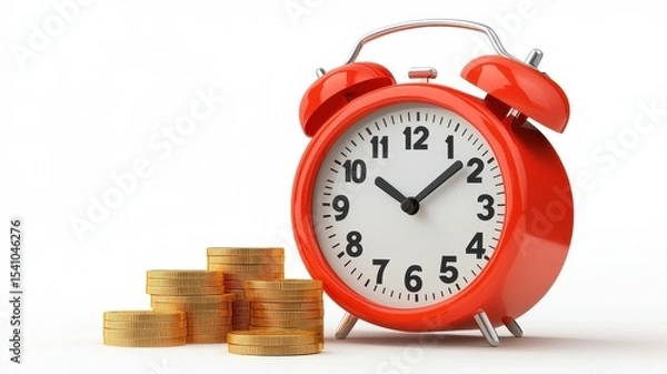 Obraz Red Alarm Clock and Stack of Gold Coins on White Background