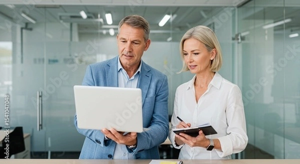 Fototapeta Medical professionals in a business office setting engage in teamwork, with a female doctor and nurse reviewing X-rays while a female doctor communicates with a senior patient