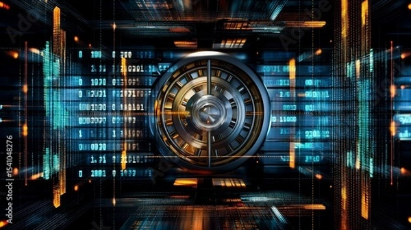Fototapeta Metal vault door with binary code inside digital landscape. Cybersecurity fintech online themes. AI generated