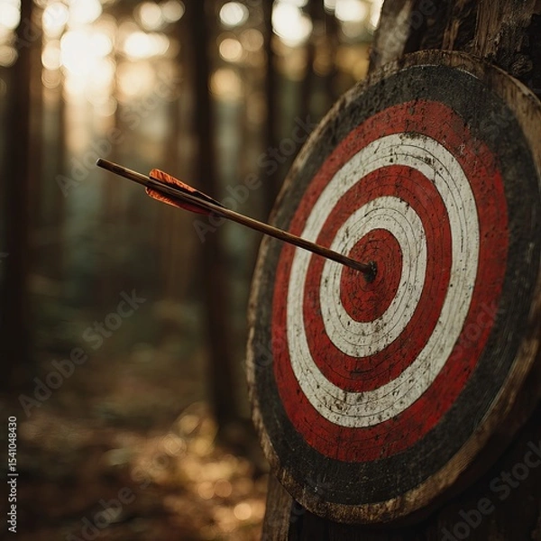 Fototapeta A target with an arrow in the center, set against a blurred forest background. The arrow hitting the bullseye represents precision and goal achievement
