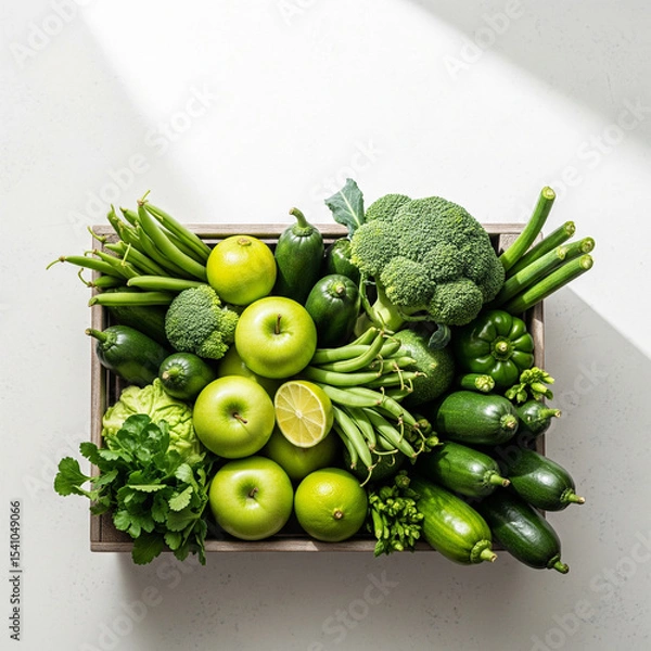 Fototapeta Fresh assorted green vegetables and fruits artfully arranged in a rustic wooden box