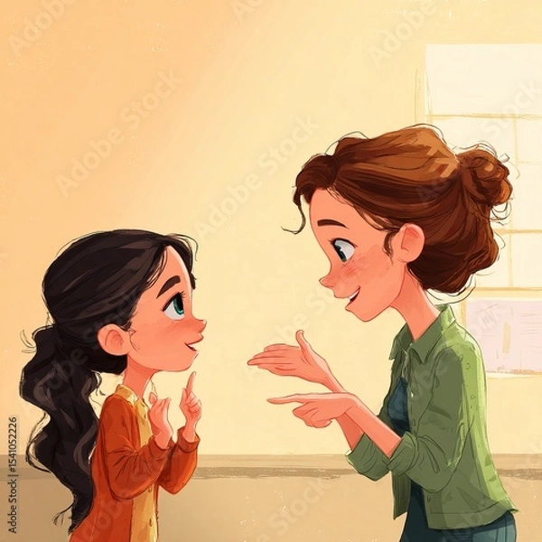 Fototapeta A mother and daughter sharing a heartwarming moment, engaged in a conversation. The image captures a sense of connection, support, and love. The scene shows a mother and daughter in a room setting. 