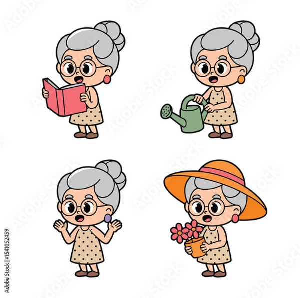 Fototapeta set of old lady working in garden 4 set isolated on white background