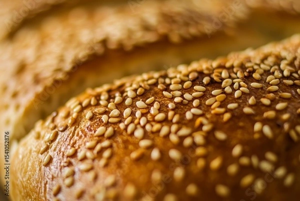 Fototapeta Close up view of sesame seeds on a freshly baked loaf of bread highlighting texture and freshness