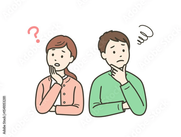 Obraz 顔に手を当てて悩む成人男女夫婦の上半身イラスト
