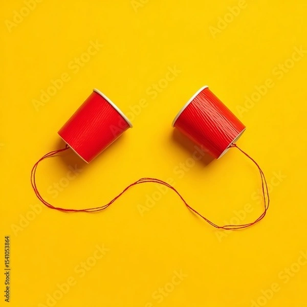 Fototapeta Two red paper cups connected by a string, forming a makeshift telephone on a yellow background