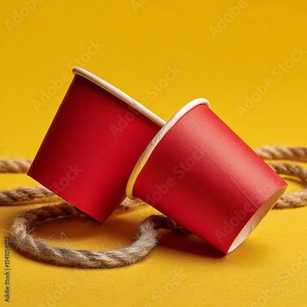 Fototapeta Two red paper cups on a yellow surface, resting on a loop of rope. A simple image with multiple possible interpretations, great for various creative uses. 