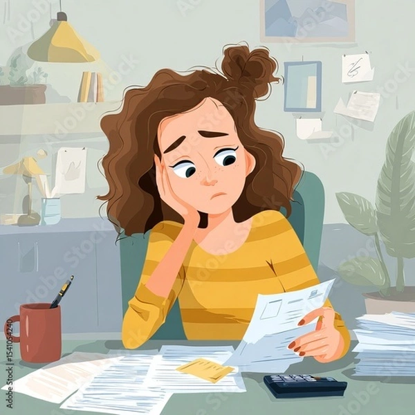 Fototapeta A woman looks stressed and sad while reviewing financial documents at her desk