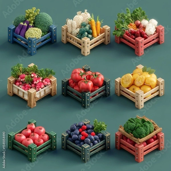 Fototapeta Assortment of vibrant, fresh vegetables and fruits arranged in wooden crates