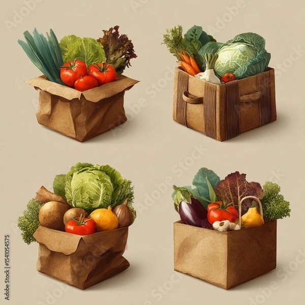 Fototapeta Assortment of fresh vegetables artfully arranged in paper and wooden boxes