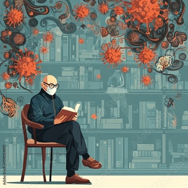 Fototapeta An elderly person reads in library with coronavirus particles