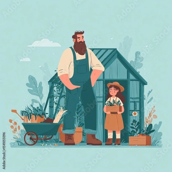 Fototapeta A heartwarming scene depicts a father and daughter in a vibrant garden, surrounded by lush greenery and a charming greenhouse