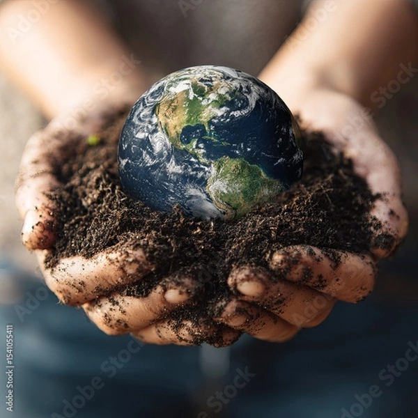 Fototapeta Hands cradling Earth. A close-up shot of hands holding the planet earth in soil