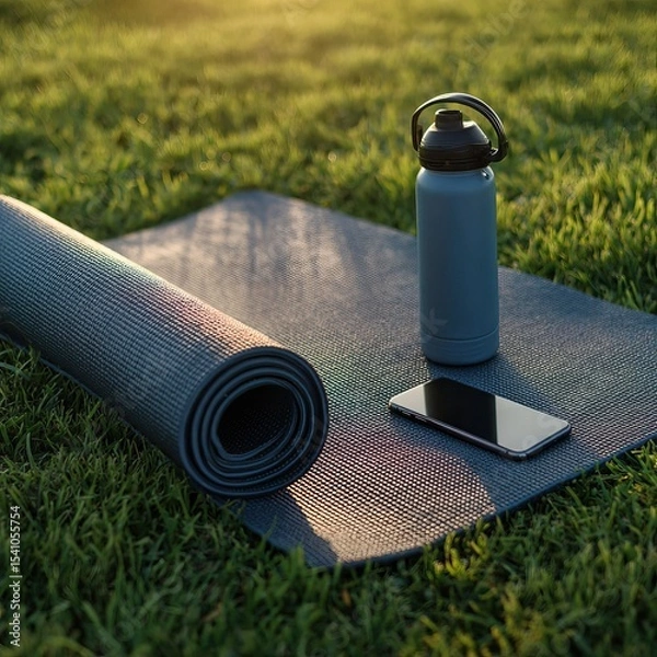 Fototapeta A rolled yoga mat with a water bottle and a mobile phone resting on the green grass. A serene composition depicting wellness and leisure.