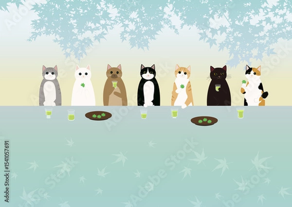 Obraz 7匹の猫の夏のお茶会　もみじ型の茶菓子と冷茶をいただく