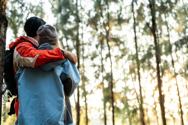 Fototapeta Couple Hugging in Forest at Sunset. Rear View of Romantic Travelers in Warm Winter Clothes Standing Together, Embracing Peacefully While Enjoying the Tranquil Nature and Soft Golden Light