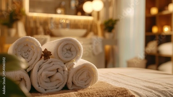Fototapeta Healthcare time. Closeup on spa composition. in background relaxed female in spa salon laying on massage table.