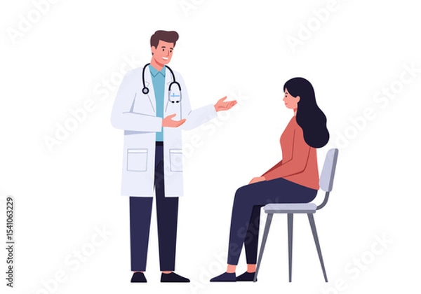 Obraz A doctor in a white coat talks with a woman seated on a chair in a medical consultation setting