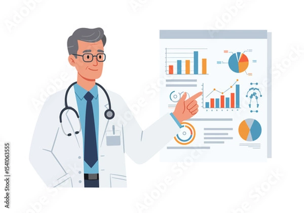 Obraz Doctor in lab coat points at data charts with graphs and other medical visualizations