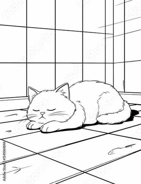 Fototapeta A simple line drawing of an illustration, a cute cat sleeping on the floor in front of grid windows.