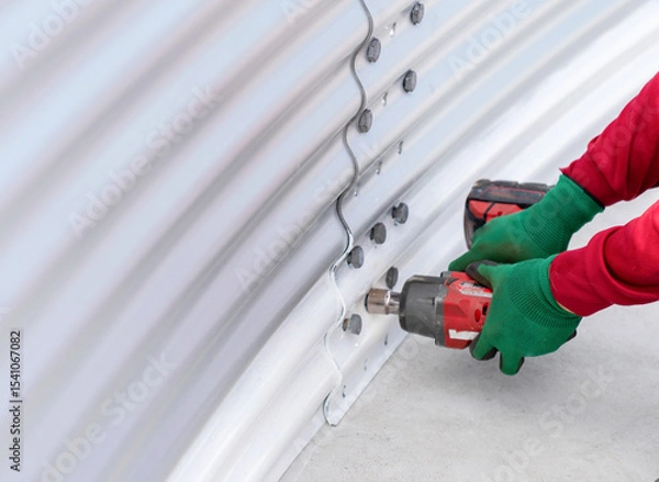 Fototapeta The worker is using a cordless impact wrench to tighten bolts on the metal sheet tank wall.