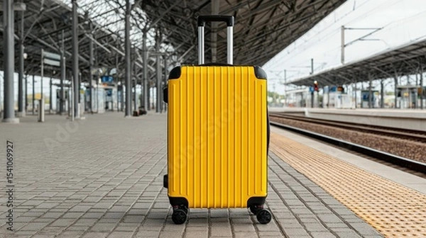 Obraz Bright yellow suitcase stands on a train station platform.