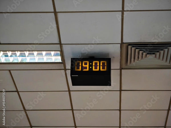 Obraz Old style electronic watch on the ceiling. Vintage digital clock. Industrial digital clock with luminescent digits