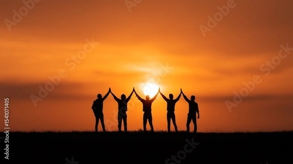 Fototapeta Silhouette of happy business team high-fiving against vibrant sunset sky, teamwork and success concept
