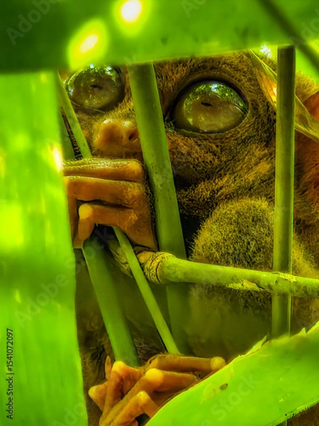 Obraz Close up shot of unique and cute looking Tarsier with large eyes. Bohol rainforest Tarsier sanctuary in Philippines of one of the smallest primates