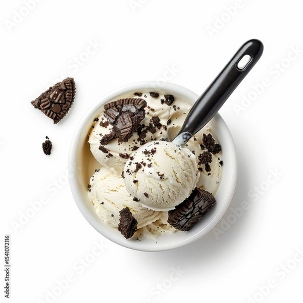 Fototapeta Creamy Vanilla Ice Cream with Chocolate Cookie Crumbles Served in a Bowl with a Black Spoon on a White Background