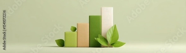 Fototapeta Recycling for Impact in a Growing Green Business World, Visual representation of growth with green bars and leaves on a soft background.