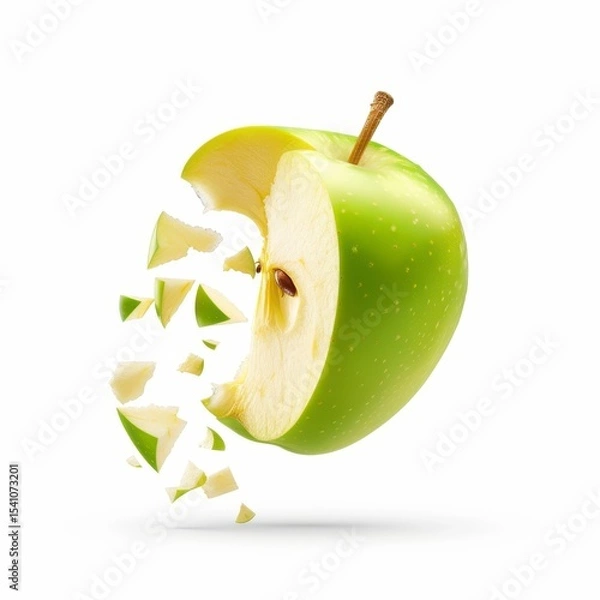 Obraz Green Apple Slices Exploding into Pieces, Fresh Fruit, Food Photography, Creative Concept, Isolated on White Background, Healthy Snack