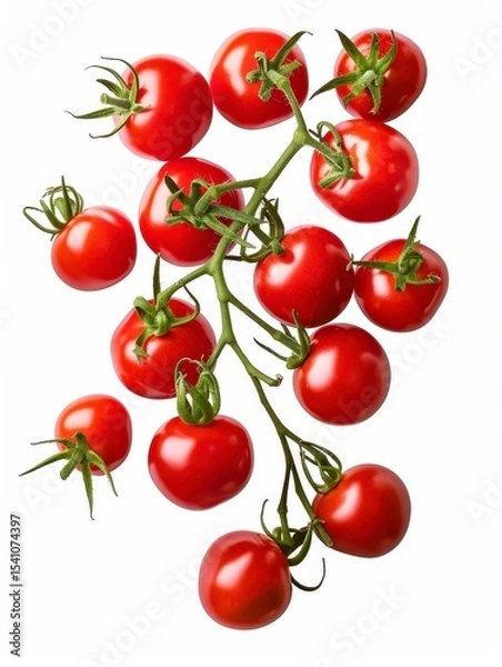 Fototapeta Fresh and Juicy Red Tomatoes on Green Stem Isolated on White Background for Healthy Cooking and Food Photography