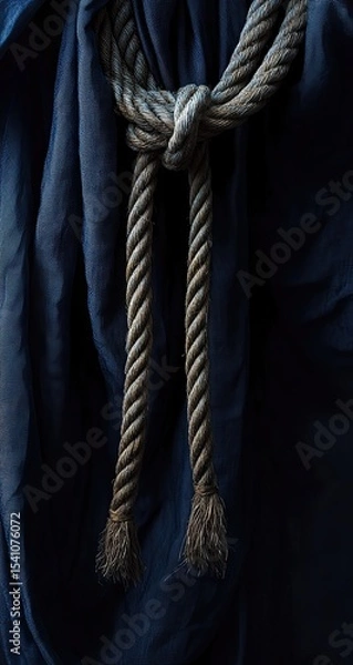 Fototapeta Close-up of a knotted rope draped over a deep indigo fabric