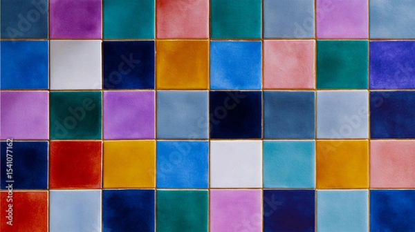 Fototapeta A vibrant array of square tiles creating a colorful mosaic pattern with a glossy and reflective surface