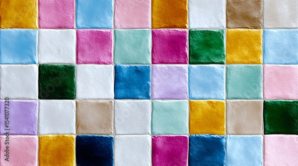 Fototapeta Close up view of colorful square tiles arranged in a grid pattern with varying shades and textures