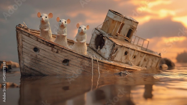 Fototapeta Three rats on a battered, partially submerged wooden boat at sunset - Generative AI