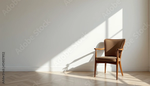 Fototapeta Stylish wooden chair is positioned against minimalist wall, illuminated by soft sunlight casting shadows on floor, creating serene and inviting atmosphere