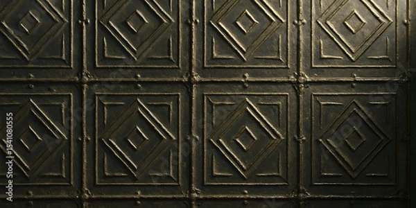Fototapeta Embossed Metal Tile Background, Geometric Square Panel Texture, Dark Industrial Surface, Vintage Architectural Detail