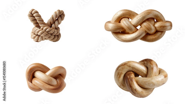 Fototapeta A display of four different types of rope knots against a stark black background in a grid format