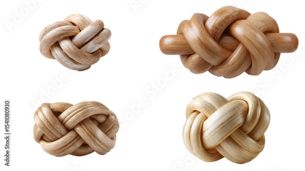 Fototapeta Four close up images of decorative knots made of light brown material on a black background