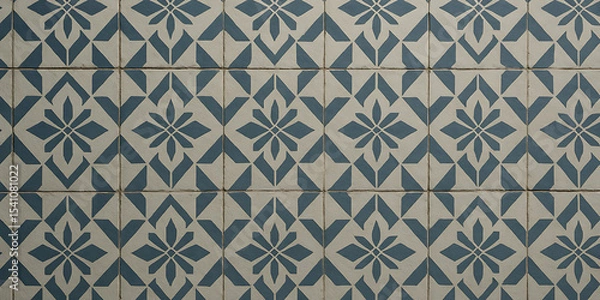 Fototapeta Vintage Blue Tile Background, Geometric Floral Pattern Texture, Classic Ceramic Surface, Decorative Mediterranean Design