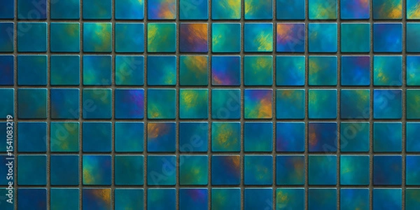 Fototapeta Iridescent Blue Tile Background, Shiny Mosaic Surface, Reflective Glass Texture, Colorful Geometric Backdrop