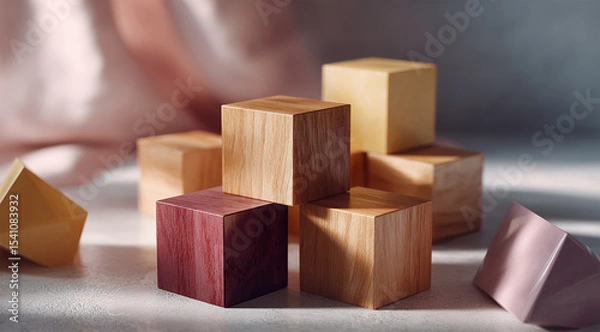 Fototapeta A stack of wooden cubes in varying shades of brown and pink on a white surface in soft lighting